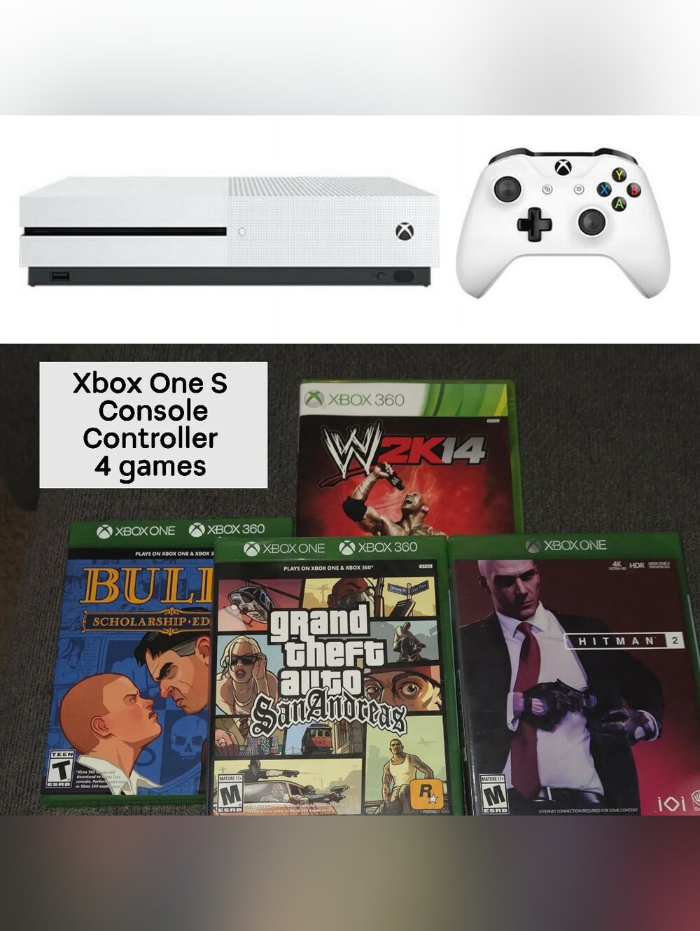 Microsoft Xbox One S (Model 1681) Game Console Gaming System 4 Games Controller